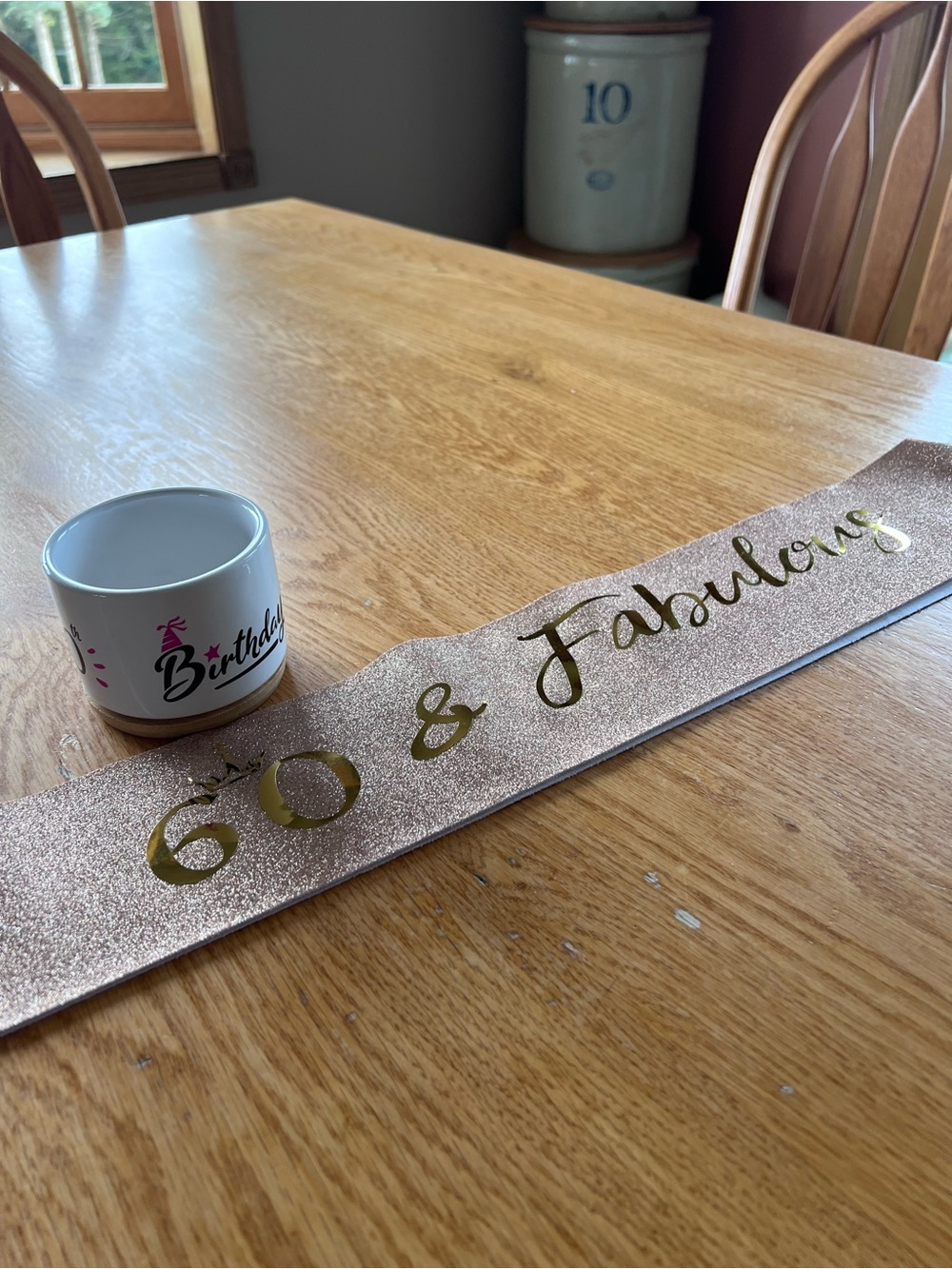 60th Birthday sash 60 & Fabulous and Ceramic Happy 60th Birthday holder
